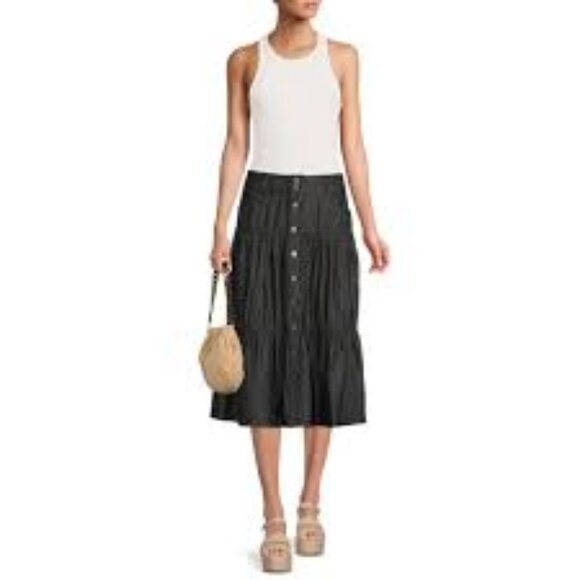 Tiered Button Up Denim Midi Skirt Western/Prairie - Picture 1 of 7